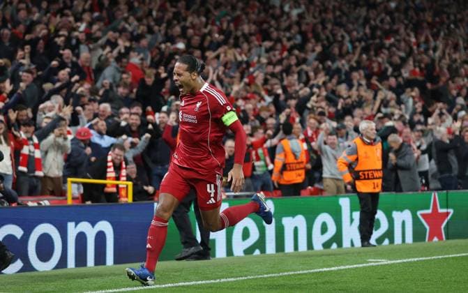 . - Liverpool v Atletico Madrid, UEFA Champions League, League Stage, Anfield Stadium, Liverpool, England. - 17th September 2025. (C) Daniel Weir Crystal Pix Virgil van Dijk of Liverpool goal celebration after scoring a goal to put Liverpool 3-2 ahead. - Liverpool v Atletico Madrid, UEFA Champions League, League Stage, Anfield Stadium, Liverpool, England. - 17th September 2025. (C) Daniel Weir Crystal Pix Liverpool Anfield Stadium United Kingdom Copyright: xDanielxWeirx CP_Liverpool_Atletico_Madrid_08