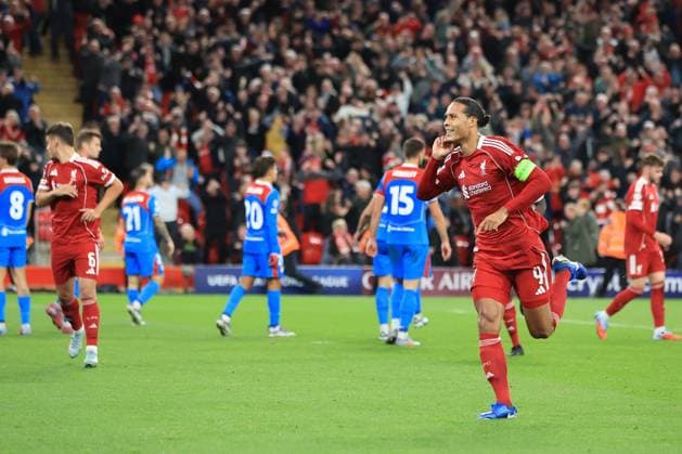 17th September 2025; Anfield, Liverpool, Merseyside, England; UEFA Champions League Football, Liverpool versus Atletico Madrid; Virgil van Dijk of Liverpool celebrates after scoring with a header for 3-2 after 2 minutes of added time  DavidxBlunsden