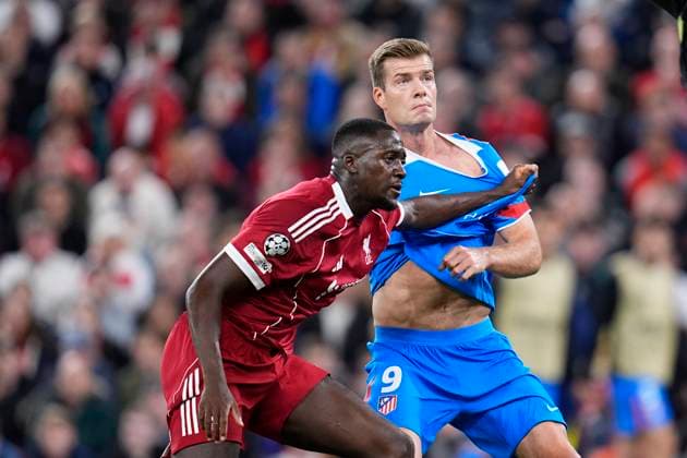 September 17, 2025, Liverpool, Liverpool, England: Alexander Sorloth of Atletico de Madrid and Ibrahima Konate of Liverpool FC compete for the ball during the UEFA Champions League 2025 26 League Phase MD1 match between Liverpool FC and Atletico de Madrid at Anfield on September 17, 2025, in Liverpool, England. Liverpool England - ZUMAa181 20250917_zaa_a181_076 Copyright: xDennisxAgyemanx