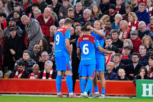 September 17, 2025, Liverpool, Liverpool, England: Marcos Llorente of Atletico de Madrid celebrates a goal with his teammates during the UEFA Champions League 2025 26 League Phase MD1 match between Liverpool FC and Atletico de Madrid at Anfield on September 17, 2025, in Liverpool, England. Liverpool England - ZUMAa181 20250917_zaa_a181_079 Copyright: xDennisxAgyemanx