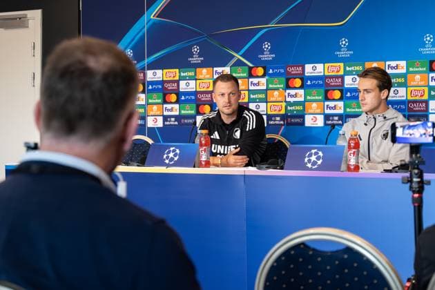 F.C. Copenhagen press conference, PK, Pressekonferenz Head coach Jacob Neestrup of F.C. Copenhagen and William Clem of F.C. Copenhagen attend a press conference ahead of the UEFA Champions League 2025 26 League Phase between F.C. Copenhagen and Bayer 04 Leverkusen at Parken Stadium. Copenhagen Denmark Copyright: xKristianxTuxenxLadegaardxBergx 17_09_2025_KTLB_FCK_press_03