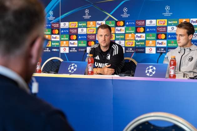 F.C. Copenhagen press conference, PK, Pressekonferenz Head coach Jacob Neestrup of F.C. Copenhagen and William Clem of F.C. Copenhagen attend a press conference ahead of the UEFA Champions League 2025 26 League Phase between F.C. Copenhagen and Bayer 04 Leverkusen at Parken Stadium. Copenhagen Denmark Copyright: xKristianxTuxenxLadegaardxBergx 17_09_2025_KTLB_FCK_press_05