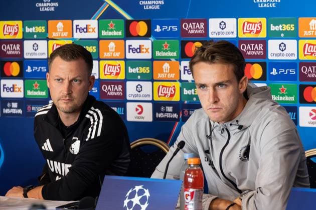 F.C. Copenhagen press conference, PK, Pressekonferenz Head coach Jacob Neestrup of F.C. Copenhagen and William Clem of F.C. Copenhagen attend a press conference ahead of the UEFA Champions League 2025 26 League Phase between F.C. Copenhagen and Bayer 04 Leverkusen at Parken Stadium. Copenhagen Denmark Copyright: xKristianxTuxenxLadegaardxBergx 17_09_2025_KTLB_FCK_press_10