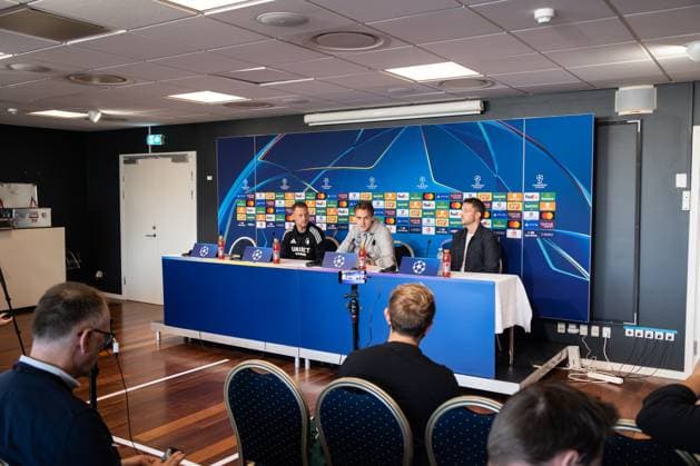 F.C. Copenhagen press conference, PK, Pressekonferenz Head coach Jacob Neestrup of F.C. Copenhagen and William Clem of F.C. Copenhagen attend a press conference ahead of the UEFA Champions League 2025 26 League Phase between F.C. Copenhagen and Bayer 04 Leverkusen at Parken Stadium. Copenhagen Denmark Copyright: xKristianxTuxenxLadegaardxBergx 17_09_2025_KTLB_FCK_press_15