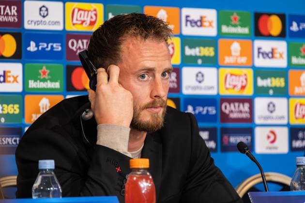 Bayer 04 Leverkusen press conference, PK, Pressekonferenz Mark Flekken of Bayer 04 Leverkusen attends a press conference ahead of the UEFA Champions League 2025 26 League Phase between F.C. Copenhagen and Bayer 04 Leverkusen at Parken Stadium. Copenhagen Denmark Copyright: xKristianxTuxenxLadegaardxBergx xSOPAxImagesx 17_09_2025_KTLB_B04_press_12