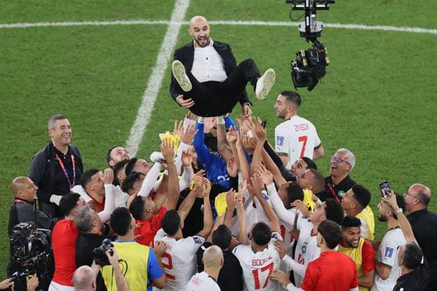 Canada v Morocco - Group F: FIFA World Cup, WM, Weltmeisterschaft, Fussball Qatar 2022 DOHA, QATAR - DECEMBER 01: Head Coach of Morocco Walid Regragui celebrates with the team after their qualification to the knockout stages of the FIFA World Cup Qatar 2022 Group F match between Canada and Morocco at the Al Thumama Stadium in Doha, Qatar on December 01, 2022. Qatar World. Editorial use only. Please get in touch for any other usage.  Copyright: x2025xAnadoluxEvrimxAydÄ±nx