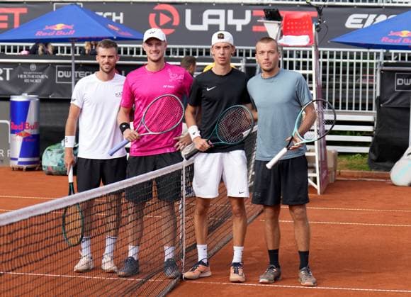 TENNIS - ATP, Tennis Herren Layjet Open BAD WALTERSDORF,AUSTRIA,18.SEP.25 - TENNIS - ATP Challenger Tour, Layjet Open. Image shows Michael Vrbensky, Andrew Paulson (CZE), Alex Huszar and Syl Gaxherri (AUT).  GEPAxpictures xMichaelxRiedler