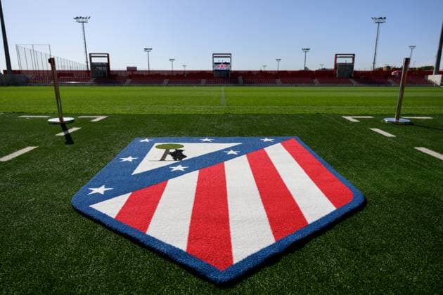 250918 The logo of Atletico Madrid ahead of the second leg UEFA Women™s Champions League third qualifying round football match between Atletico Madrid and Häcken on September 18, 2025 in Madrid Photo Carl Sandin BILDBYRAN code CS CS0773 fotboll football soccer fotball uefa womens champions league atletico madrid häcken dam bbeng genre club badge logo  Copyright: CARLxSANDIN BB250918CS026