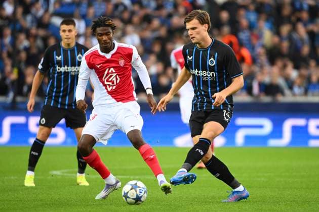 Club Brugge v Monaco - UEFA Champions League BRUGGE, BELGIUM - SEPTEMBER 18 : Bamba Aladji midfielder of AS Monaco FC and Meijer Bjorn defender of Club Brugge during the UEFA Champions League 2025 26 League Phase MD1 match between Club Brugge and Monaco on September 18, 2025 in Brugge, Belgium, 18 09 2025 Brugge Belgium  Copyright: xVincentxKalutx