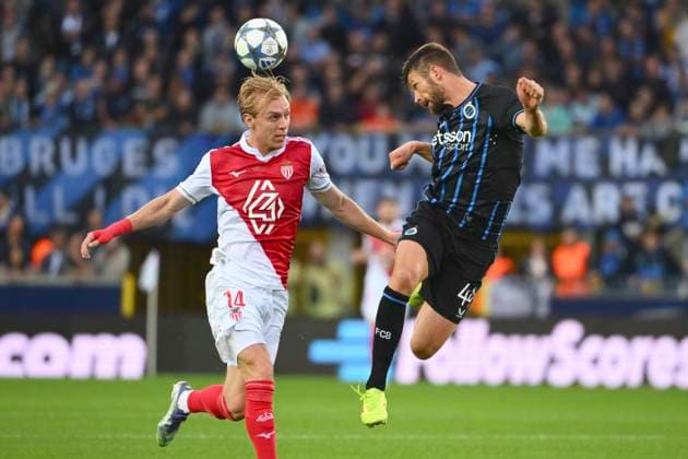 Club Brugge v Monaco - UEFA Champions League BRUGGE, BELGIUM - SEPTEMBER 18 : Biereth Mika forward of AS Monaco FC and Mechele Brandon defender of Club Brugge during the UEFA Champions League 2025 26 League Phase MD1 match between Club Brugge and Monaco on September 18, 2025 in Brugge, Belgium, 18 09 2025 Brugge Belgium  Copyright: xVincentxKalutx