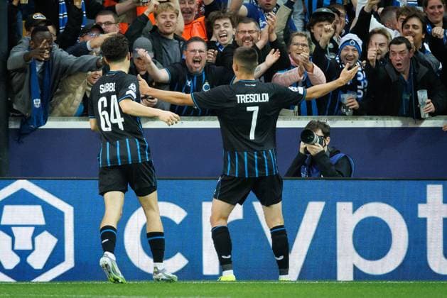 Club s Nicolo Tresoldi celebrates after scoring during a soccer game between Belgian Club Brugge KV and French AS Monaco, in Brugge on Thursday 18 September 2025, on the opening day of the League phase of the UEFA Champions League tournament. KURTxDESPLENTER  x134637770x