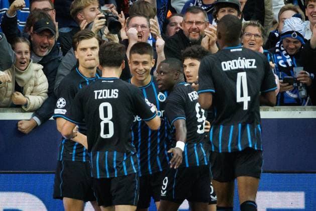 Club s Nicolo Tresoldi celebrates after scoring during a soccer game between Belgian Club Brugge KV and French AS Monaco, in Brugge on Thursday 18 September 2025, on the opening day of the League phase of the UEFA Champions League tournament. KURTxDESPLENTER  x134637808x