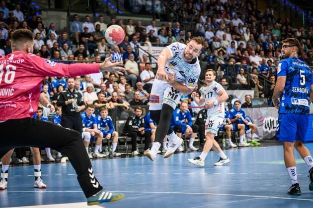 25fag vs. Stuttgart goalkeeper Miljan Vujovic TVB Stuttgart, 16 GER, TVB 1898 Stuttgart Frisch Auf Goeppingen, DAIKIN HBL, Handball, Bundesliga, Matchday 5, Season 2025 2026, 18 09 2025 GER, TVB 1898 Stuttgart Frisch Auf Goeppingen, DAIKIN HBL, Handball, Bundesliga, Matchday 5, Season 2025 2026, 18 09 2025 Stuttgart Copyright: xSandyxDinkelackerx EP_SDR