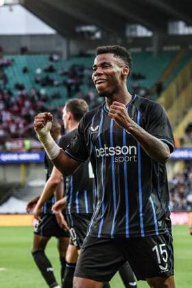 Club s Raphael Onyedika celebrates after scoring during a soccer game between Belgian Club Brugge KV and French AS Monaco, in Brugge on Thursday 18 September 2025, on the opening day of the League phase of the UEFA Champions League tournament. BRUNOxFAHY  x134638755x