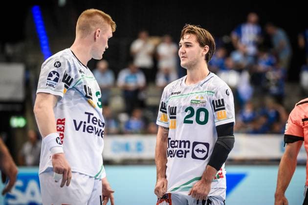 Ludvig Hallbaeck Frisch Auf Goeppingen, 20 with Ymir Oern Gislason Frisch Auf Goeppingen, 33 GER, TVB 1898 Stuttgart Frisch Auf Goeppingen, DAIKIN HBL, Handball, Bundesliga, Matchday 5, Season 2025 2026, 18 09 2025 GER, TVB 1898 Stuttgart Frisch Auf Goeppingen, DAIKIN HBL, Handball, Bundesliga, Matchday 5, Season 2025 2026, 18 09 2025 Stuttgart Copyright: xSandyxDinkelackerx EP_SDR