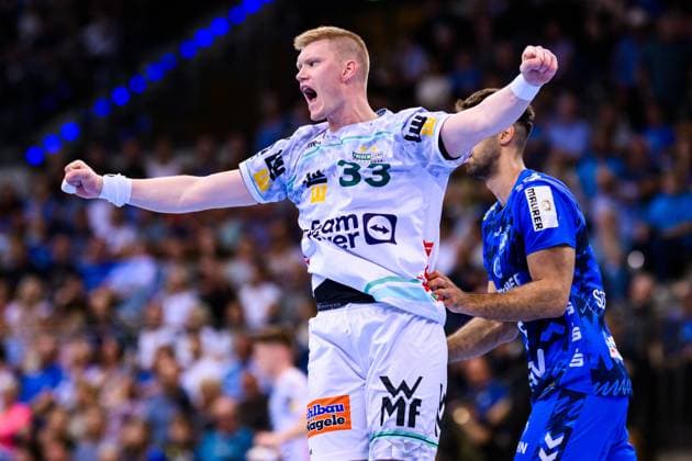 TVB Stuttgart Frisch Auf Göppingen Handball 1 Bundesliga, Men, Season 2025 2026, TVB Stuttgart Frisch Auf Göppingen, Porsche Arena Göppingens Ãmir Örn Gislason cheers Stuttgart Porsche Arena Baden Württemberg Germany