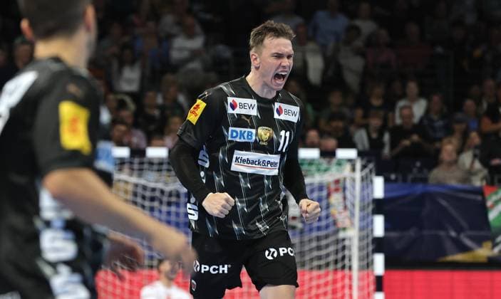 Lasse Andersson celebrates after scoring Joy Emotion Cheering Sport Handball CL Champions League Champions League Men 2 Matchday Season 2025 2026 18 09 2025 Füchse Berlin vs Aalborg Handbold in the Max Schmeling Halle