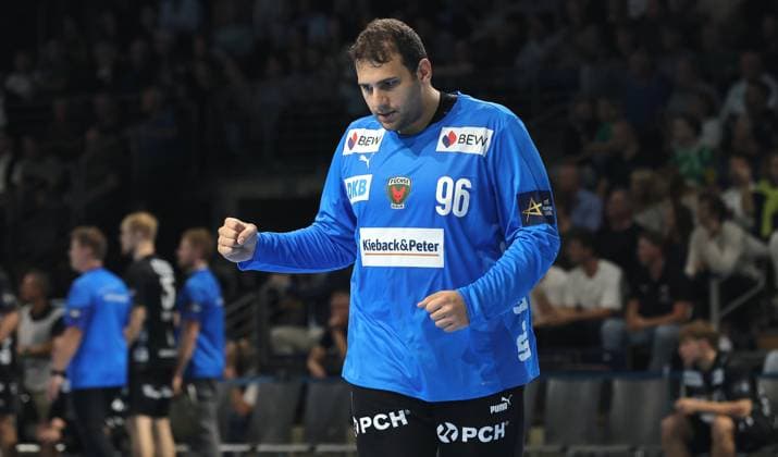 Goalkeeper Dejan Milosavljev celebrates after a save Joy Emotion Cheering Sport Handball CL Champions League Champions League Men 2 Matchday Season 2025 2026 18 09 2025 Füchse Berlin vs Aalborg Handbold in the Max Schmeling Halle