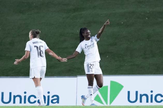 UEFA Women s Champions League - Real Madrid vs Eintracht MADRID, SPAIN -September 18: Naomie Feller of Real Madrid and Filippa Angeldahl of Real Madrid celebrates a goal during the UEFA Women s Champions League25 26 match between Real Madrid and Eintracht at Alfredo Di Stefano stadium in Madrid. (Photo by Guillermo Martinez) Madrid Alfredo Di Stefano Stadium Spain Copyright: xGuillermoxMartinezx
