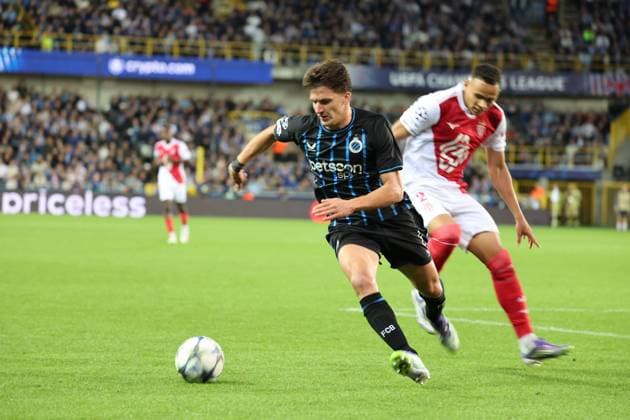 FOOTBALL : Club Brugge vs Monaco - UEFA Ligue des Champions - 18 09 2025 Christos TZOLIS (Club Brugge) et VANDERSON (AS Monaco) lors du match Club Brugge vs Monaco, UEFA Ligue des Champions phase de Ligue J1, Jan Breydelstation Bruges, le 18 septembre 2025 - photo Laurent Sanson PsnewZ  Copyright: xLaurentxSANSONx xPsnewZx
