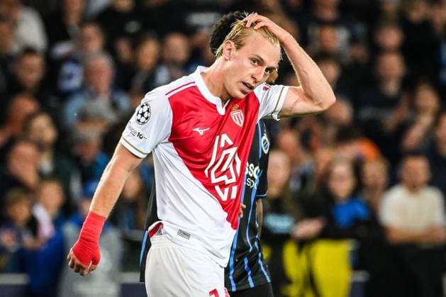 September 18, 2025, Brugge, Belgium, Belgium: Mika BIERETH of AS Monaco looks dejected during the UEFA Champions League, League Phase MD1 match between Club Brugge KV (Club Bruges KV) and AS Monaco at Jan-Breydel Stadium on September 18, 2025 in Brugge, Belgium. Brugge Belgium - ZUMAm308 20250918_zsp_m308_010 Copyright: xMatthieuxMirvillex