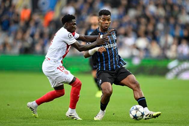 Club Brugge v Monaco - UEFA Champions League BRUGGE, BELGIUM - SEPTEMBER 18 : Onyedika Nwadike Raphael midfielder of Club Brugge in action with Camara Lamine midfielder of AS Monaco FC during the UEFA Champions League 2025 26 League Phase MD1 match between Club Brugge and Monaco on September 18, 2025 in Brugge, Belgium, 18 09 2025 Brugge Belgium  Copyright: xNicoxVereeckenx