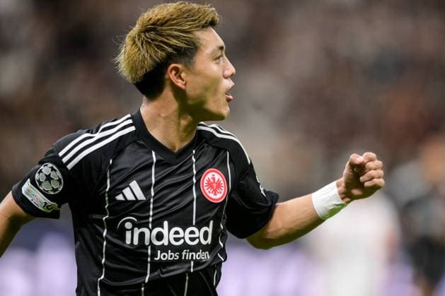 Soccer, UEFA Champions League, 20250918, SG Eintracht Frankfurt Galatasaray Istanbul In the picture Goal 1 1, Goal celebration, Goalscorer Ritsu DOAN Frankfurt, 20 Frankfurt Deutsche Bank Park Hessen Germany Copyright: Passion2Press MarkusxFischerx