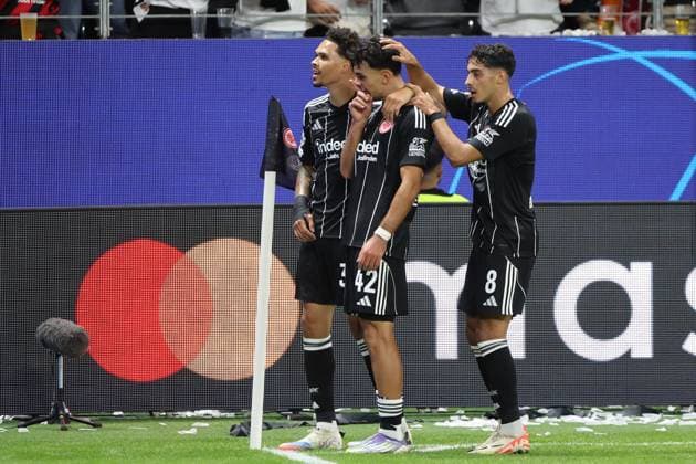 Goal celebration for 2 1 by scorer Can Uzun Eintracht Frankfurt , No. 42 with Nnamdi Collins Eintracht Frankfurt , No. 34 and Fares Chaibi Eintracht Frankfurt , No. 8 , Eintracht Frankfurt Galatasaray Istanbul, Champions League, CL, Season 2025 2026, Preliminary round, 1 Match, 18 09 2025, Frankfurt Deutsche Bank Park Germany