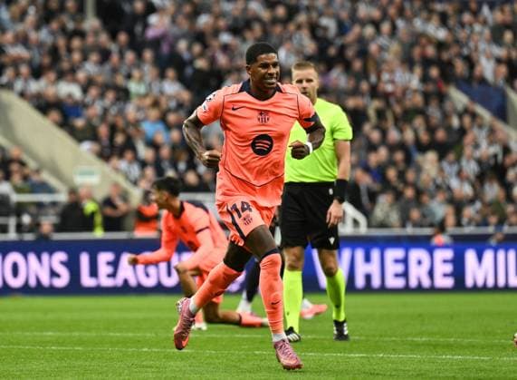 Marcus Rashford of Barcelona celebrates scoring their first goal Newcastle United v Barcelona, UEFA Champions League, Group Stage, Football, St James Park, Newcastle, UK - 18 Sep 2025Newcastle St James Park United Kingdom EDITORIAL USE ONLY No use with unauthorised audio, video, data, fixture lists, club league logos or live services. Online in-match use limited to 120 images, no video emulation. No use in betting, games or single club league player publications. Copyright: xRichardxLee Shutterstockx 15486944bk