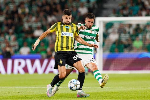 Valeriy Gromyko and Goncalo Inacio seen during Champions League 25 26 league phase game between Sporting CP and FC Kairat Almaty (Maciej Rogowski Ball Raw Images) Lisbon Estadio Jose Alvalade Portugal Copyright: xMaciejxRogowskix maciejrogowski_sporting_kairat_2526-49