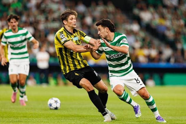 Aleksandr Martynovich and Pedro Goncalves seen during Champions League 25 26 league phase game between Sporting CP and FC Kairat Almaty (Maciej Rogowski Ball Raw Images) Lisbon Estadio Jose Alvalade Portugal Copyright: xMaciejxRogowskix maciejrogowski_sporting_kairat_2526-60