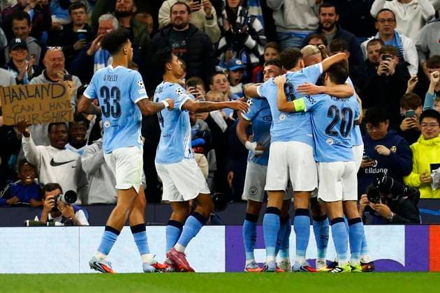 Manchester City v Napoli, Manchester, UK - 18 September 2025 Goal celebrations for Erling Haland of Manchester City during the UEFA Champions League match between Manchester City and Napoli at The Etihad Stadium on 18 September 2025 in Manchester, England (Photo by Steve Taylor PPAUK) Manchester The Etihad Stadium Greater Manchester England Copyright: xStevexTaylor PPAUKx PPA-215095