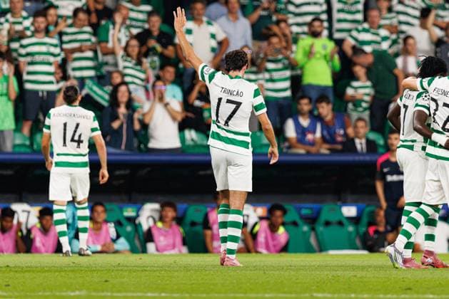 Francisco Trincao seen celebrating after scoring goal during Champions League 25 26 league phase game between Sporting CP and FC Kairat Almaty (Maciej Rogowski Ball Raw Images) Lisbon Estadio Jose Alvalade Portugal Copyright: xMaciejxRogowskix maciejrogowski_sporting_kairat_2526-96