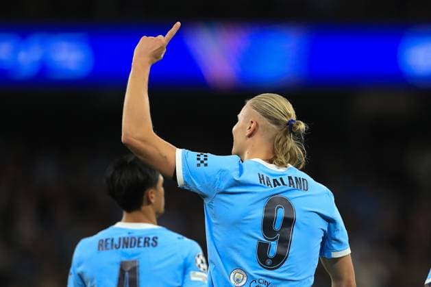 18th September 2025; Etihad Stadium, Manchester, England; UEFA Champions League Football, Manchester City versus Napoli; Erling Haaland of Manchester City celebrates after scoring with a header for 1-0 after 58 minutes  DavidxBlunsden