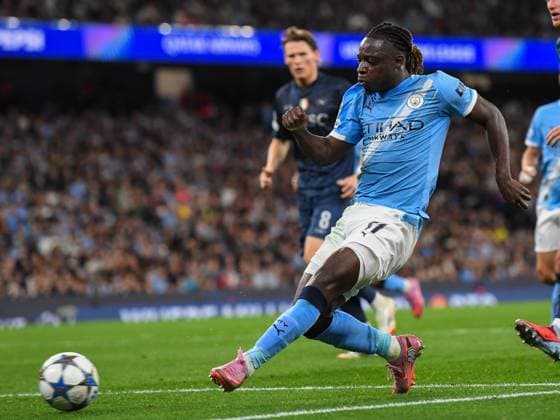 Manchester City v Napoli UEFA Champions League JÃ rÃ my Doku of Manchester City scores the second goal for the team during the UEFA Champions League match at the Etihad Stadium, Manchester UK Newspapers OUT Copyright: xKarlxVallantinex FIL-22248-0043