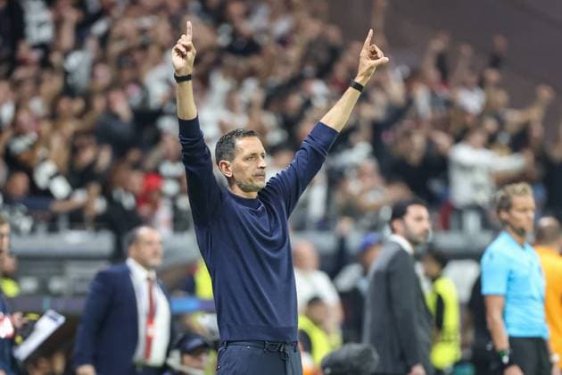 UEFA Champions League Eintracht Frankfurt Galatasaray Istanbul on 18 09 2025 at Deutsche Bank Park in Frankfurt Coach Dino Toppmöller Toppmoeller Toppmoller Frankfurt cheers and is happy about the goal for 4 to 1 MH