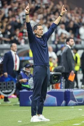 UEFA Champions League Eintracht Frankfurt Galatasaray Istanbul on 18 09 2025 at Deutsche Bank Park in Frankfurt Coach Dino Toppmöller Toppmoeller Toppmoller Frankfurt cheers and is happy about the goal for 4 to 1 MH