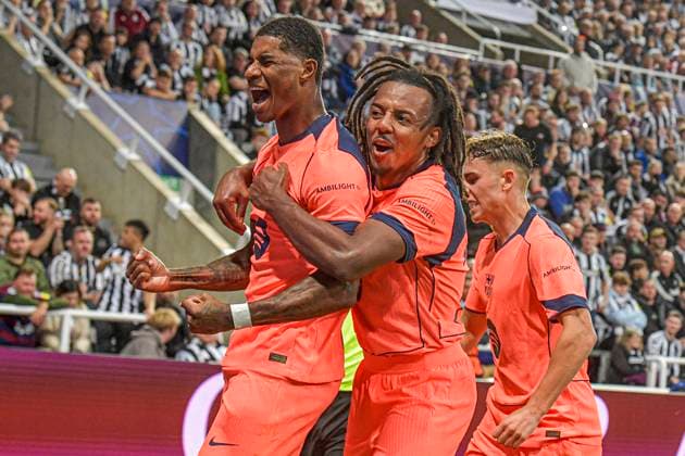 Newcastle United v FC Barcelona, Barca UEFA Champions League Marcus Rashford of FC Barcelona scores their sides second goal of the match and celebrates his sides goal with Jules Kounde during the UEFA Champions League match at St. James s Park, Newcastle UK Newspapers OUT Copyright: xJamiexJohnstonx FIL-22249-0010
