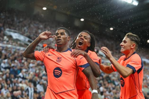 Newcastle United FC v FC Barcelona, Barca Champions League Marcus Rashford Of Barcelona scores a GOAL 2-0 and celebrates during the Newcastle United FC v FC Barcelona Champions League Round One match at St.James Park, Newcastle, United Kingdom on 17 September 2025 Credit: Lee Keuneke Every Second Media Editorial use only. All images are copyright Every Second Media Limited. No images may be reproduced without prior permission. Copyright: xIMAGO EveryxSecondxMediax ESM-1585-0050 LeexKeunekex xEveryxSecondxMediax