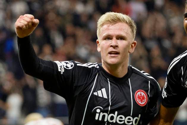 Jonathan Burkardt Eintracht Frankfurt, 09 after his goal for 4 1 , Germany, Football, UEFA Champions League, Matchday 1, 2025 2026, Eintracht Frankfurt vs Galatasaray SK, 18 09 2025, Deutsche Bank Park, Frankfurt am Main, Germany Frankfurt am Main Deutsche Bank Park Hessen Germany Copyright: xGrantxHubbsx