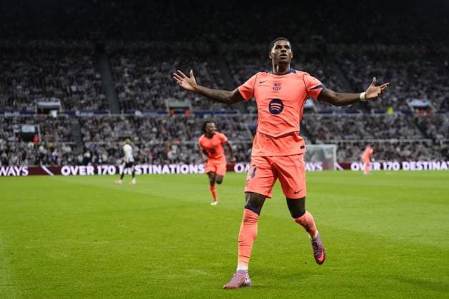 Newcastle United FC v FC Barcelona, Barca - UEFA Champions League NEWCASTLE UPON TYNE, ENGLAND - SEPTEMBER 18: Marcus Rashford left winger of Barcelona and England celebrates after scoring his sides second goal during the UEFA Champions League 2025 26 League Phase MD1 match between Newcastle United FC and FC Barcelona at St James Park on September 18, 2025 in Newcastle upon Tyne, England. Jose Hernandez Anadolu Newcastle United Kingdom. Editorial use only. Please get in touch for any other usage.  Copyright: x2025xAnadoluxJosexHernandezx