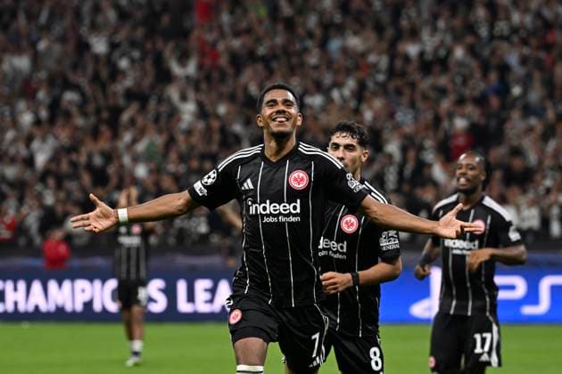 Goal celebration for 5 1 by Ansgar Knauff 7 Eintracht Frankfurt , Eintracht Frankfurt vs Galatasaray Istanbul, Champions League, Group stage, Matchday 1, 18 09 2025 Frankfurt Hessen Germany Copyright: xkolbert-press MarcxNiemeyerx