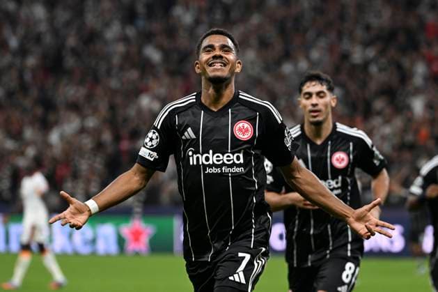 Goal celebration for 5 1 by Ansgar Knauff 7 Eintracht Frankfurt , Eintracht Frankfurt vs Galatasaray Istanbul, Champions League, Group stage, Matchday 1, 18 09 2025 Frankfurt Hessen Germany Copyright: xkolbert-press MarcxNiemeyerx