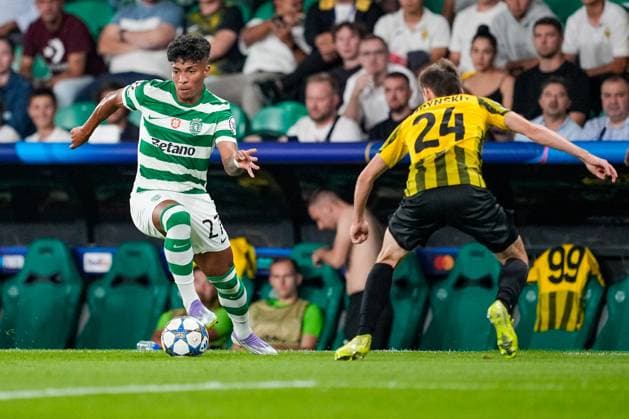UEFA CHAMPIONS LEAGUE SPORTING CP VS KAIRAT ALMATY Lisboa, Portugal - 18 09 2025: UEFA Champions League match between Sporting CP and Kairat Almaty at Estadio JosÃ Alvalade 27 Sporting attacker, Alisson de Almeida Santos cuts in from the flank against 24 Kairat Almaty midfielder, Aleksandr Mrynskiy Mandatory Credit: Pedro Loureiro Avant Sports Agency Lisboa Estadio JosÃ Alvalade Portugal Copyright: xx