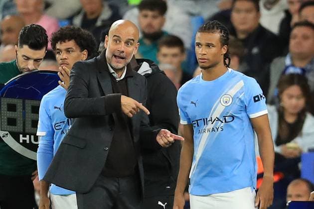 18th September 2025; Etihad Stadium, Manchester, England; UEFA Champions League Football, Manchester City versus Napoli; Manchester City manager Pep Guardiola issues instructions to Nathan Ake  DavidxBlunsden