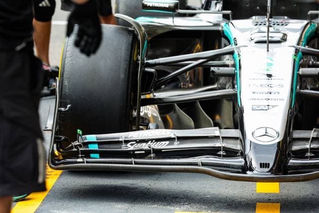 F1 - AZERBAIJAN GRAND PRIX 2025 Mercedes AMG F1 Team W16, mechanical detail of front wing during the 2025 Formula 1 Qatar Airways Azerbaijan Grand Prix, 17th round of the 2025 FIA Formula One World Championship, WM, Weltmeisterschaft from September 19 to 21, 2025 on the Baku City Circuit, in Baku, Azerbaijan - BakuAzerbaijan  Copyright: xFLORENTxGOODENx