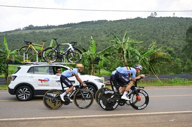 Belgian Remco Evenepoel, Belgian Florian Vermeersch and Belgian Ilan Van Wilder pictured during a training sessionahead of the cycling road World Championship, WM, Weltmeisterschaft in Kigali, Rwanda, Friday 19 September 2025. The road world championships are taking place from 21 to 28 September. DIRKxWAEM  x134708258x