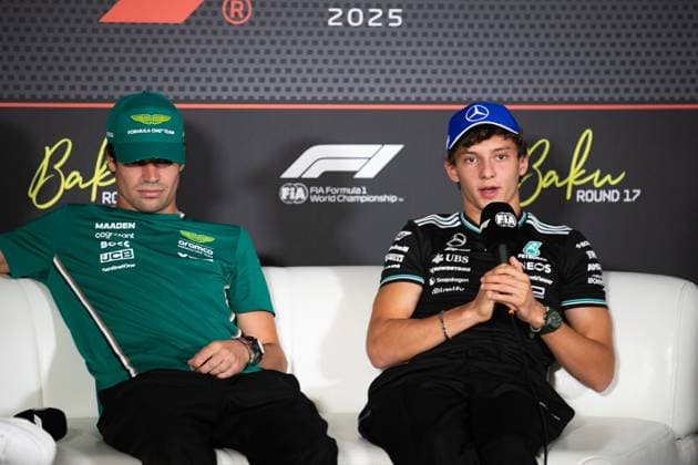 Formula 1 GP Baku Azerbaijan Thursday 18 09 2025 Lance Stroll 18, Aston Martin Aramco F1 Team and Andrea Kimi Antonelli 12, Mercedes AMG Petronas F1 Team in the press conference Formula 1 GP Baku Azerbaijan Thursday 18 09 2025 Copyright: xBEAUTIFULxSPORTS Erlhofx