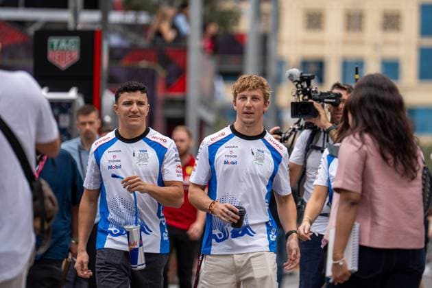 Formula 1 Qatar Airways Azerbaijan Grand Prix 2025 Romain MATHON OVERTAKE MAXPPP - Baku 19 09 2025 06 HADJAR Isack (fra), Visa Cash APP Racing Bulls and 30 LAWSON Liam (nld), Visa Cash APP Racing Bulls on the paddock on Friday at the Formula 1 Qatar Airways Azerbaijan Grand Prix 2025, the 17th round of the 2025 FIA Formula 1 World Championship, WM, Weltmeisterschaft at the Baku City Circuit in Baku, Azerbaijan, from 18 to 21 September 2025 Baku Baku City Circuit Azerbaijan  Copyright: xOVERTAKE MAXPPPxRomainxMATHONx OVT202509197767 OVT202509197767