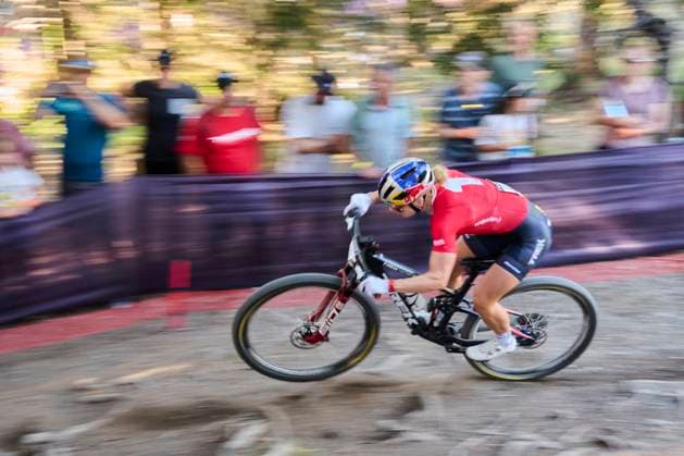 2025 WHOOP UCI Mountain Bike World Series XCC World Cup Women Elite, Lenzerheide, Switzerland Lenzerheide, Switzerland September 19, 2025 Evie Richards Trek Factory Racing Pirelli during the Women Elite Cross Country Short Track at the 2025 WHOOP UCI Mountain Bike World Series in Lenzerheide